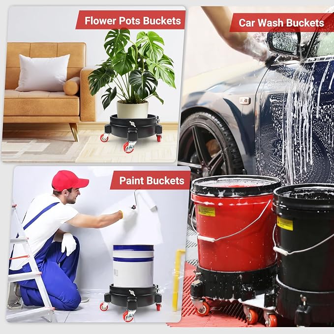 Bucket Dolly 5 Gallon with Wheels,360°Rolling Car Wash Buckets Dolly for 2.5 to 5 Gallon Buckets with Bucket Insert,Cleaning Brush,Supports Up to 300 lbs