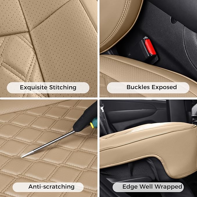 Huidasource Upgrade Grand Cherokee Seat Covers, Full Coverage Waterproof Leather Car Seat Covers, Custom Seat Cushion Protector Fit for Jeep Grand Cherokee 2011-2021 (Full Set/Beige)