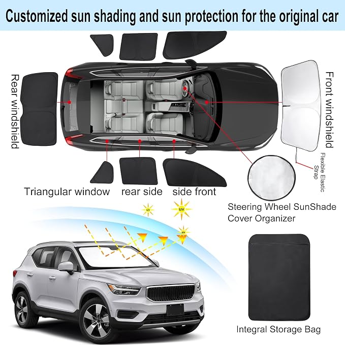 TINGLU Window Shades for Volvo XC40 2019-2025 2026 Accessories Car Side Full Windows Rear Triangular Windshield Sun Shade Sun UV Rays & Privacy Protection for Camping,Napping,and Relaxing 8PCS