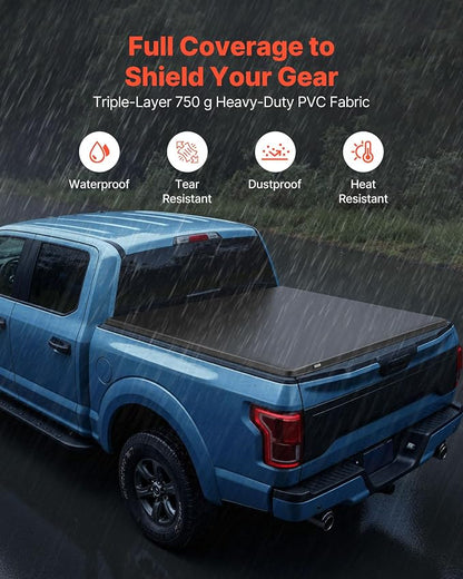 VEVOR Soft Roll-Up Truck Bed Tonneau Cover, Compatible with 2015-2026 Ford F-150, Fits 5.6 ft (5 ft 7 in/67 in) Bed, Triple-Layer Heavy-Duty PVC Tonneau Cover with Three Aluminum Alloy Support Bars