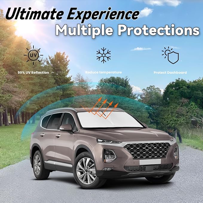 Windshield Sun Shade for Hyundai Santa Fe 2019-2023, Car Front Window Sunshade with 240T Sun Visor Protector Blocks UV Rays Heat Sun Shield Accessories