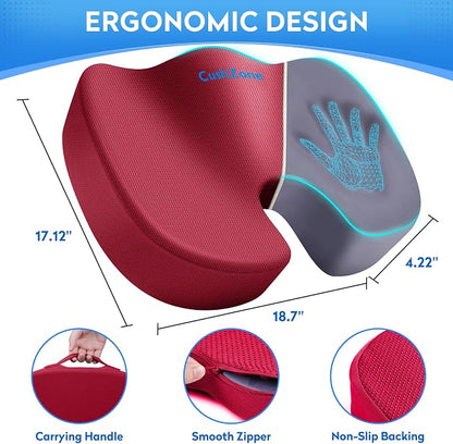 XXL Seat Cushion Office Car Seat Cushion, Memory Foam Cushion for Office Chair, Car Seat, Airplane, Bleacher Non-Slip Chair Pad (Red