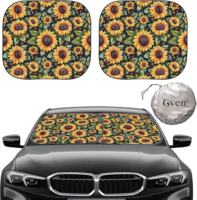 Gven Windshield Sun Shade 2pcs with Bonus Sunflower Car Sunshade for Front Window Shades 2025 Technology Reflect UV and Heat Sun Visor Automotive Interior Sun Protection (Sunflower, S)