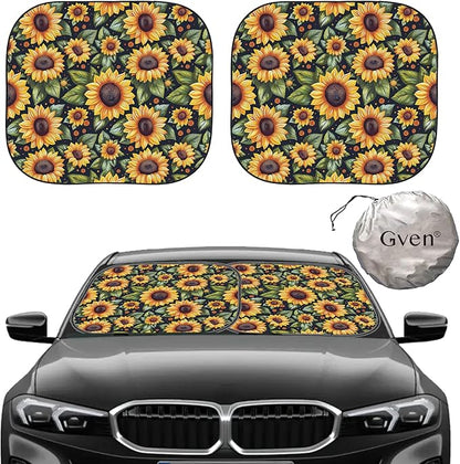 Gven Windshield Sun Shade 2pcs with Bonus Sunflower Car Sunshade for Front Window Shades 2025 Technology Reflect UV and Heat Sun Visor Automotive Interior Sun Protection (Sunflower, S)