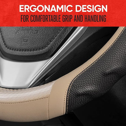 Motor Trend UltraSport Beige Carbon Fiber Steering Wheel Cover, Standard 15 inch Size, Black Faux Leather Comfort Grip, Car Steering Wheel Cover for Auto Truck Van SUV