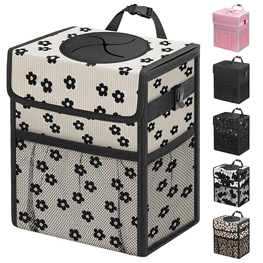 Capolo Car Trash Can with Lid, Leakproof Car Trash Bag Hanging Waterproof Automotive Garbage Can with Storage Pockets Mini Vehicle Trash Bin for Back/Front Seat(Black Flower,3 Gallon)