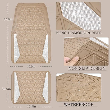CAR PASS Bling Diamond Car Mats Rubber Floor Mats Full Set Anti-Slip 3D Rhombus Waterproof Trim to Fit Liner Universal Glitter Crystal Sparkly Shining Rhinestone Girl Women SUV Sedan Van, Beige Rubber