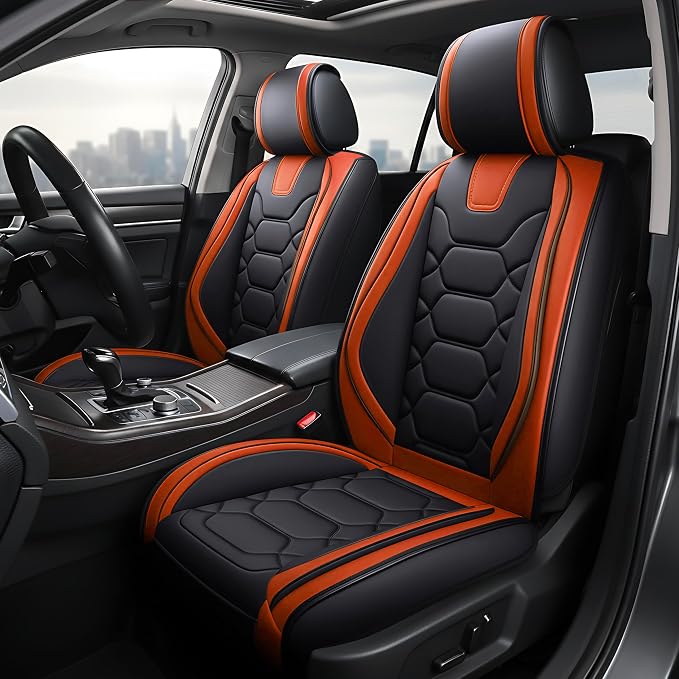 OASIS AUTO Car Seat Covers Front Seats, Sporty Honeycomb Waterproof Faux Leather Protectors, Universal Fit for SUV, Sedan, Truck Interior Accessories (OS-004 Black&Orange)