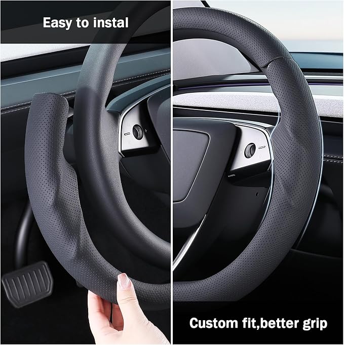 Steering Wheel Cover for Tesla Model 3 2024-Present Highland/Tesla Model Y Juniper 2025-Present, Leather Steering Wheel Cover for Tesla Model 3 Highland/Y Juniper Accessories, Black