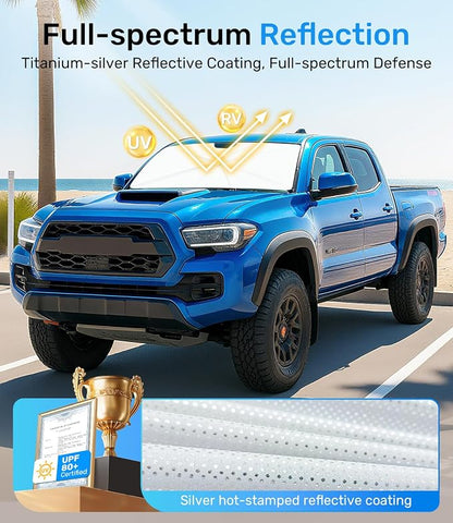 Zanch Upgrade Windshield Sun Shade, Custom Fit for Toyota Tacoma 2016-2025 [Titanium-Silver Reflective Coating] Blocks 99% UV & Heat, Sunshade Umbrella for Tacoma 2016 2017 ... 2022 2023 2024 2025