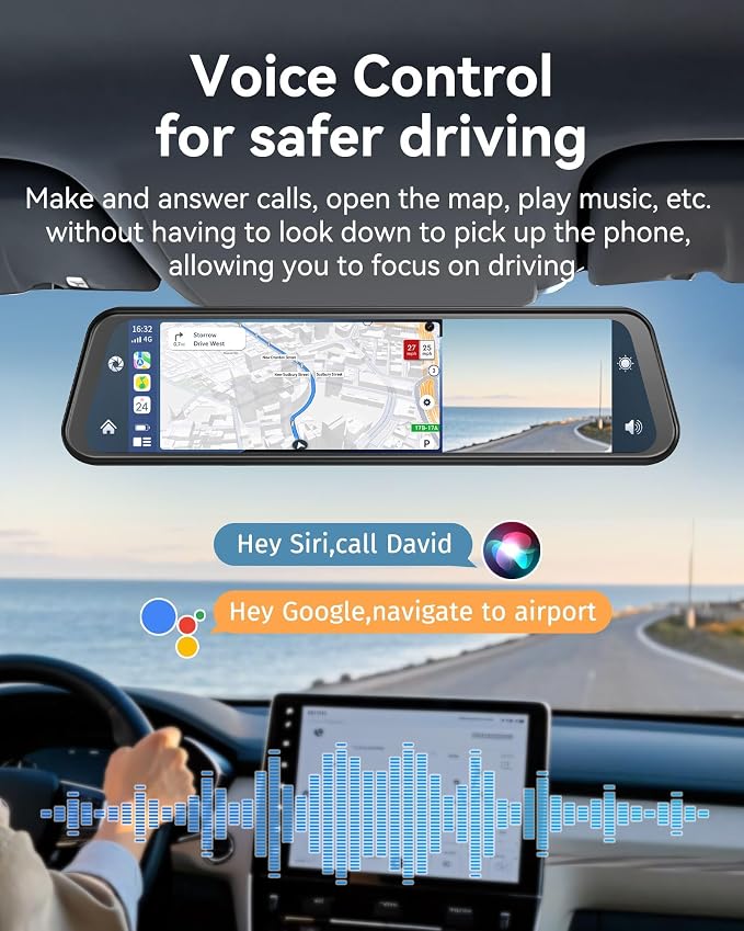 12'' Rearview Mirror Camera with CarPlay&Andorid Auto,4K Mirror Dash Cam Front and Rear Backup Camera with Reverse Assist/Loop Record/G Sensor/Voice Control&Split Touch Screen,64GB Card Included