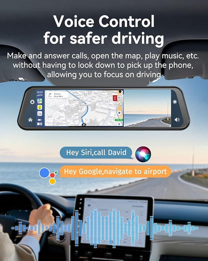 12'' Rearview Mirror Camera with CarPlay&Andorid Auto,4K Mirror Dash Cam Front and Rear Backup Camera with Reverse Assist/Loop Record/G Sensor/Voice Control&Split Touch Screen,64GB Card Included