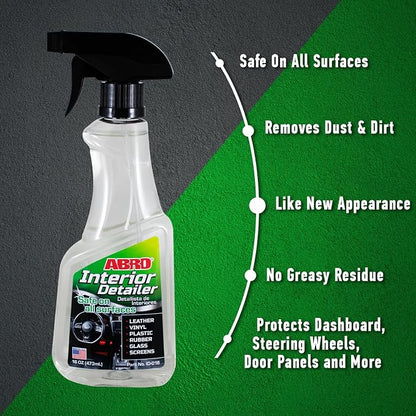ABRO Interior Detailer 16oz - All-in-One Cleaner for Car Interiors, Dust & Dirt Removal, Ideal Leather, Vinyl, Plastic, Rubber, Glass, Screens, Dashboards, Steering Wheels, & Door Panels