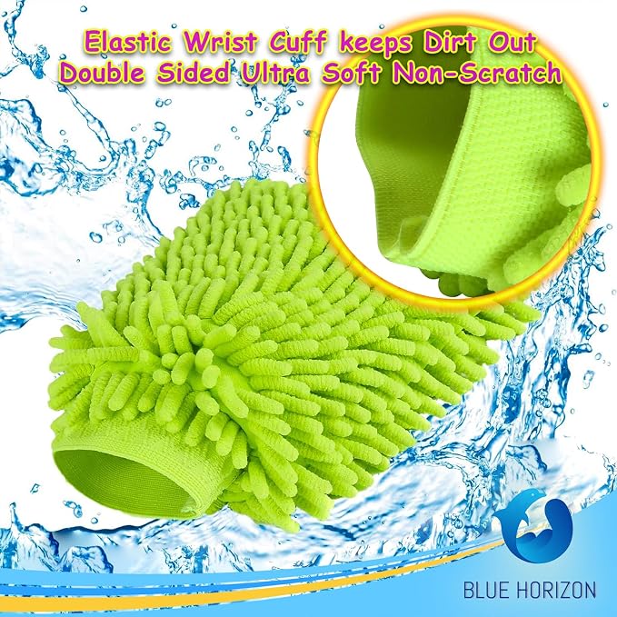 Microfiber Fingers Dusting & Cleaning Mitt and Large Towel Set, Machine Washable, Highly Absorbent Car Detailing Cleaner for Drying, Washing and Wax Polishing (1 Green Mitt, 1 Blue Towel)