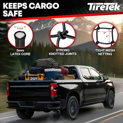 Cargo Net for Pickup Truck Bed (4'x6' Stretches to 8'x12') Double Thick Heavy Duty Truck Bed Net for Dad, & Husband - 12 Metal Carabiners, Bungee Mesh Accessory with Strap Hooks
