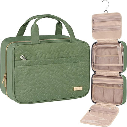 NISHEL Travel Toiletry Bag for women, Portable Hanging Organizer for Travel-Sized Shampoo, Conditioner, Brushes Set, Makeup Accessories, Medium Size, Purple, Bronze Green