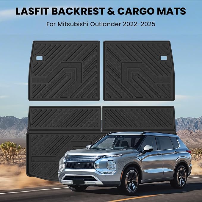 LASFIT Trunk Mat & Backrest Mats for 2022-2025 Mitsubishi Outlander (Not Fit PHEV or Sport Models), Custom Fit Full Coverage TPE All-Weather Cargo Liner for Mitsubishi Outlander Accessories, Black
