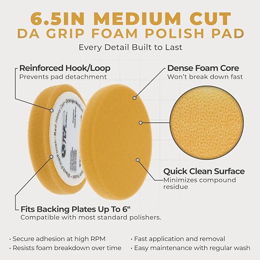 TCP Global 6.7" Orange Flat Medium Cut DA Grip Foam Polish Pad - Hook & Loop Buffer Pads - Car Buffing Pads for Paint Correction, Detailing