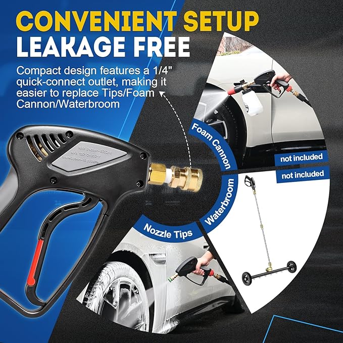 TOOLCY Pro Short Pressure Washer Gun 5000 PSI with 360° Swivel,3/8" Quick Connect Inlet, Power Washer Gun with 1/4" Quick Connect Outlet, Includes 3/8" QC to M22-14mm Adapter & 5 Nozzle Tips