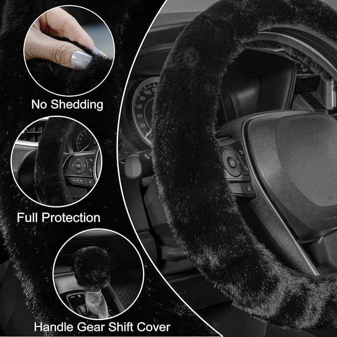 SEG Direct Furry Car Steering Wheel Cover with Fluffy Gear Shift Cover Soft Warm Non-Slip Car Decoration for Men Women Girls 2 PCS Set, Black