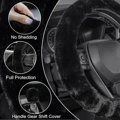 SEG Direct Furry Car Steering Wheel Cover with Fluffy Gear Shift Cover Soft Warm Non-Slip Car Decoration for Men Women Girls 2 PCS Set, Black