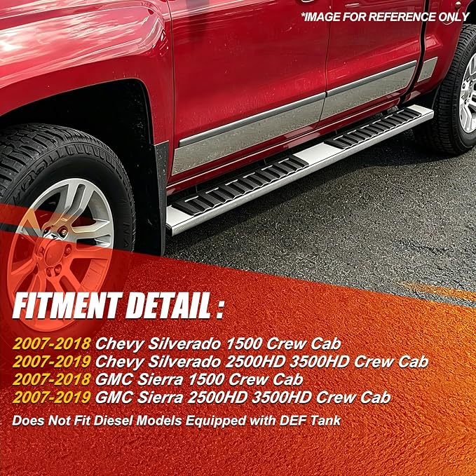 6.7" Running Boards Side Steps for Truck Compatible with 2007-2019 Chevy Silverado/GMC Sierra 1500 2500HD 3500HD Crew Cab, Stainless Steel Flat Side Steps Nerf Bars