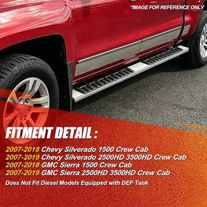 6.7" Running Boards Side Steps for Truck Compatible with 2007-2019 Chevy Silverado/GMC Sierra 1500 2500HD 3500HD Crew Cab, Stainless Steel Flat Side Steps Nerf Bars