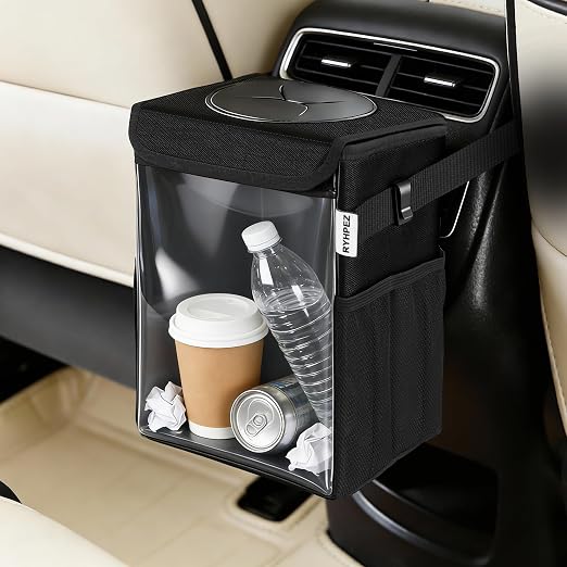 Ryhpez Car Trash Can with Clear Window, Multipurpose Car Organizer Storage for Baby Travel Essentials, Leakproof Car Garbage Bin with Removable Liner for Backseat Console (2.1Gallon/8L)