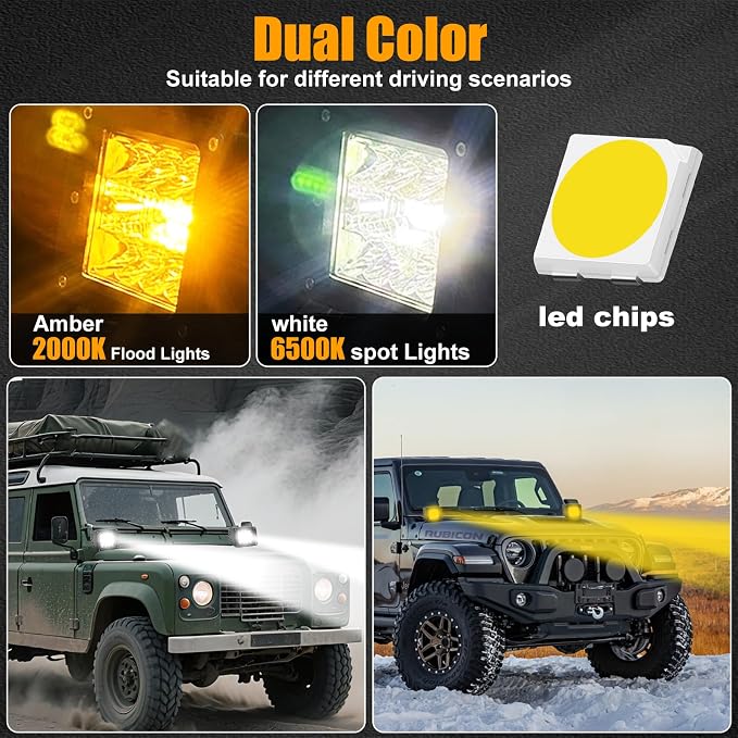 4 Inch LED Driving Pods, 120W Amber Spot Flood Combo Triple Row Off Road Light Bar with Wiring Harness, 6 Modes Dual Color Amber White Auxiliary Flashing Fog Light for Trucks SUV ATV UTV Jeep Boat
