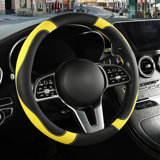 Microfiber Leather Steering Wheel Cover Large for Ford F150 F250 F350 RAM 4Runner Tacoma Tundra Range Rover Model X Model S, Breathable, Anti Slip, 15.5 inch to 16 inch, Black with Yellow