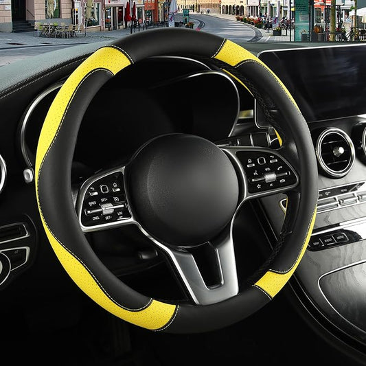 Microfiber Leather Steering Wheel Cover Large for Ford F150 F250 F350 RAM 4Runner Tacoma Tundra Range Rover Model X Model S, Breathable, Anti Slip, 15.5 inch to 16 inch, Black with Yellow