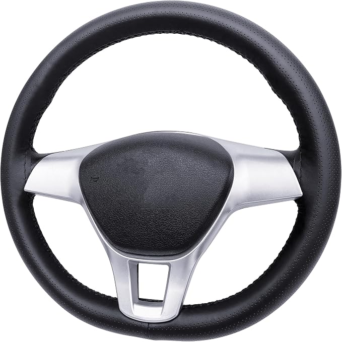 Carodi Leather Steering Wheel Cover, Breathable Non-Slip Design, Soft and Comfortable Feeling, Universal 15 Inch Auto Car Steering Wheel Stitch on Wrap（Size M, Black）