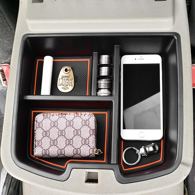 HGWEI Center Console Organizer Compatible with 2007-2014 Chevy Silverado GMC Sierra Avalanche Tahoe Suburban Yukon Yukon XL Accessories, Floor Mounted Center Console ONLY, Orange Trim