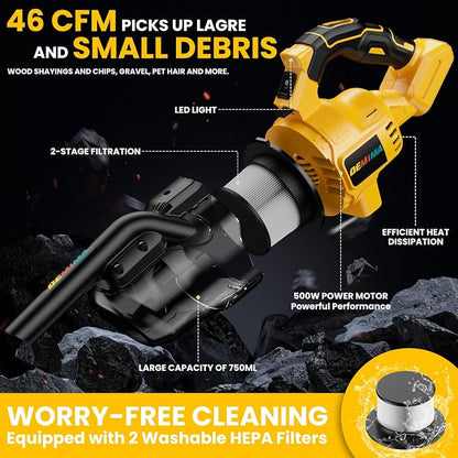 Cordless Vacuum for Dewalt Battery, 5 in 1 Lightweight Handheld Vacuum Cleaner with 500W Powerful Motor, 46 CFM Portable Hand Vacuum with Filtration HEPA for Floor, Carpet(Battery Not Included)