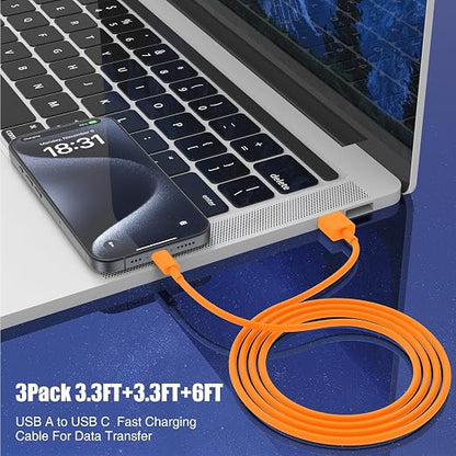 3-Pack Orange [3.3FT+3.3FT+6FT] USB A to USB C Cable，USB to USB C Cable，Car Carplay Cable for iPhone 17 16 15 Pro Plus Pro Max Air，for Galaxy S25, for iPad, for MacBook and More