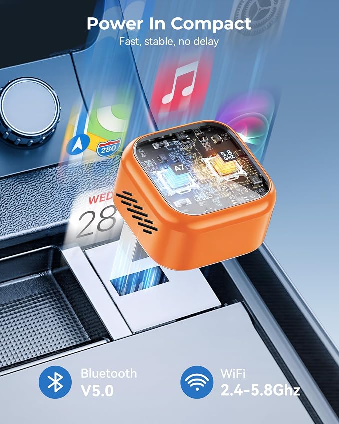 KUKIHO Wireless CarPlay Adapter, 2-in-1 CarPlay & Android Auto, Mini Plug & Play, Fast Auto-Connect, No Latency, USB/USB-C for Cars with Built-in CarPlay, iOS 10+/Android 11+ (Orange)