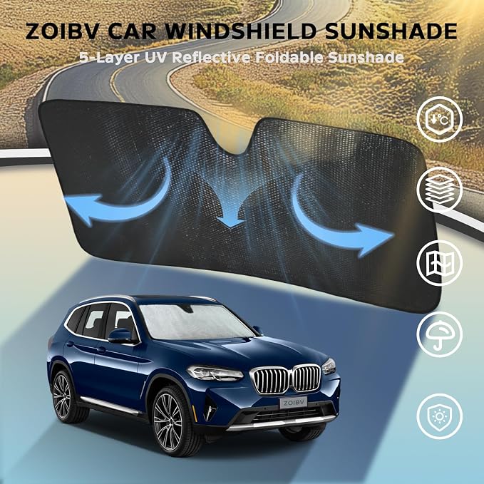 Car Windshield Sun Shade for BMW X3 2018-2024 Front Window Sunshade Sun Visor Protection Cover Accessories -5-Layer Bubble Foldable Thicken Blocks Heat & UV Rays Keep Car Cooler