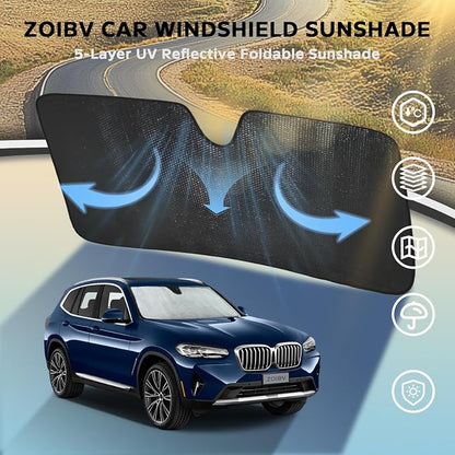 Car Windshield Sun Shade for BMW X3 2018-2024 Front Window Sunshade Sun Visor Protection Cover Accessories -5-Layer Bubble Foldable Thicken Blocks Heat & UV Rays Keep Car Cooler