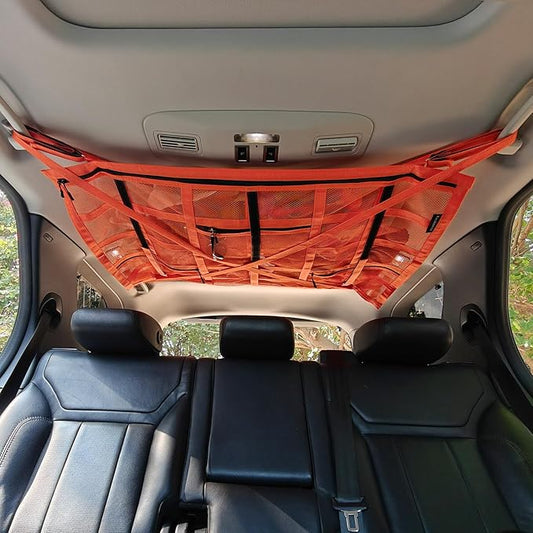Extra Large Car Ceiling Cargo Net 39.3" x 23.6" for SUV,Truck & Van,Double Layer Roof Storage Organizer with Adhesive Straps,Overhead Mesh Holder for 4 Handle Vehicles,Camping Travel,Orange