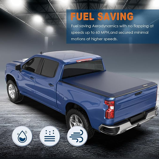 KUIPERAUTO Soft Quad Fold Tonneau Cover Truck Compatible for 2002-2026 Dodge Ram 1500/03-2026 Ram 2500 3500 W/o Ram Box 6.4 Feet Bed Fleetside Navy Blue Design