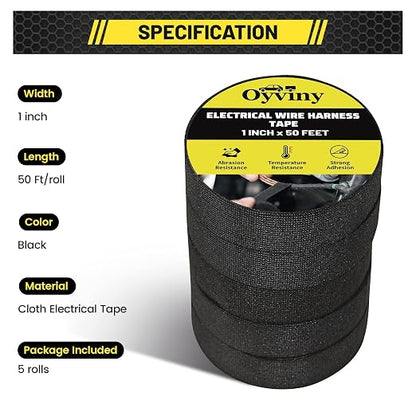 Oyviny Electrical Wire Harness Cloth Tape - 1 Inch x 50 Feet, Self-Adhesive, Noise Dampening, For Automobile, Engine & Audio Wiring