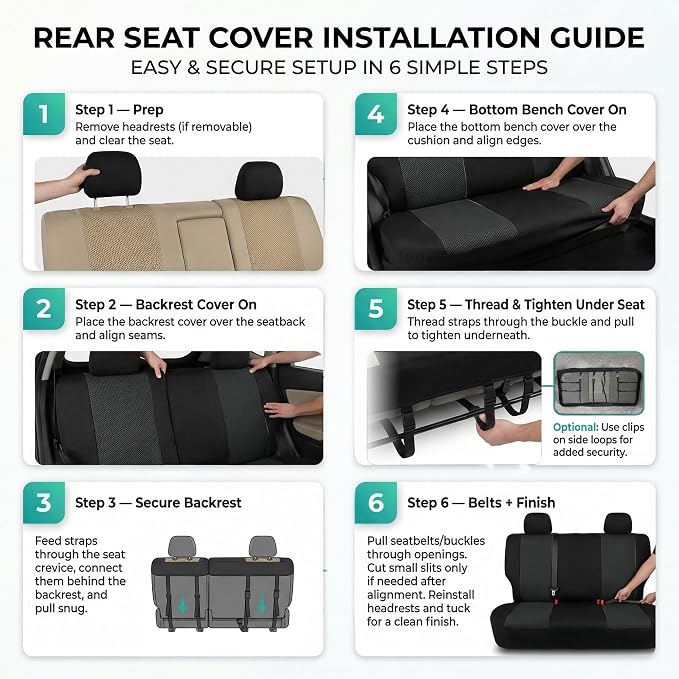 FH Group Automotive Rear Car Seat Covers for SUV, Trucks, Sedan and More - Universal Fit Front High Back & Rear Solid Bench Design Interior Accessories - 3D Mesh Fabric Center Panel - Black