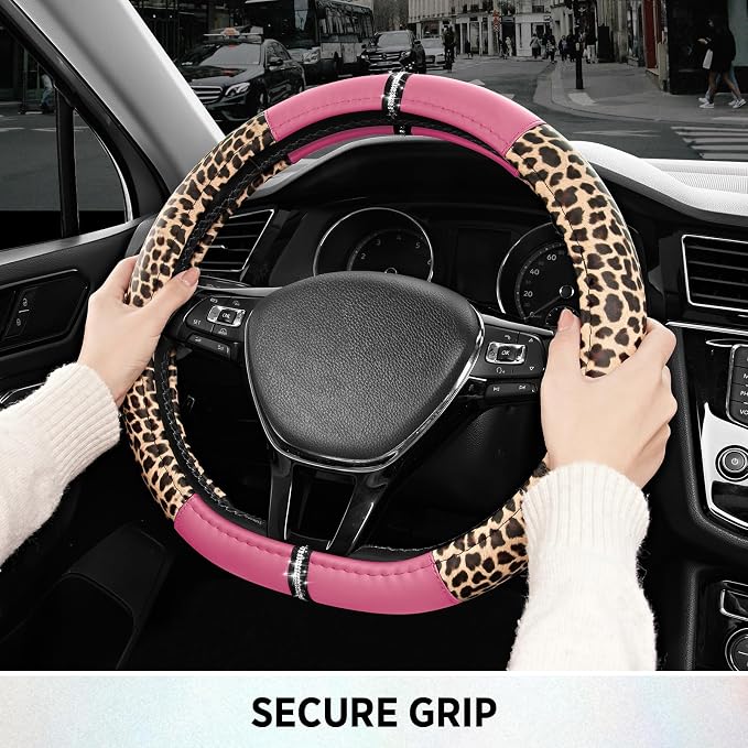 Road Comforts Leopard Steering Wheel Cover for Women, Cute Anti-Slip Microfiber Leather, Fits D Shape Flat Bottom Steering Wheel 14.5-15 Inch - Pink