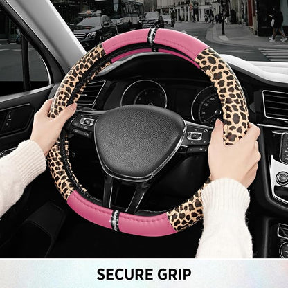 Road Comforts Leopard Steering Wheel Cover for Women, Cute Anti-Slip Microfiber Leather, Fits D Shape Flat Bottom Steering Wheel 14.5-15 Inch - Pink