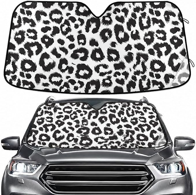 Black White Leopard Print Windshield Sun Shade for Car Auto SUV Truck Foldable Front Window Sunshade Sun Visor Protector Block UV Rays Reflect Heat, 55" x 28"