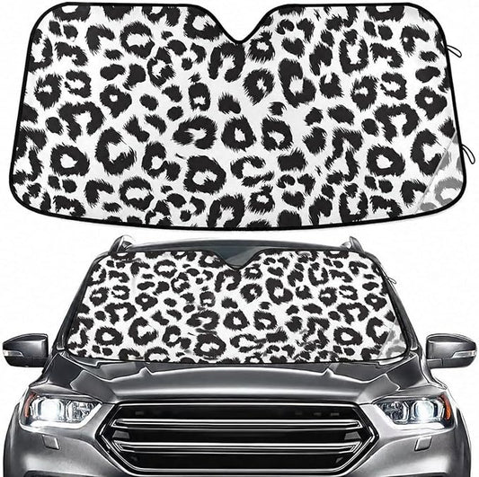 Black White Leopard Print Windshield Sun Shade for Car Auto SUV Truck Foldable Front Window Sunshade Sun Visor Protector Block UV Rays Reflect Heat, 55" x 28"