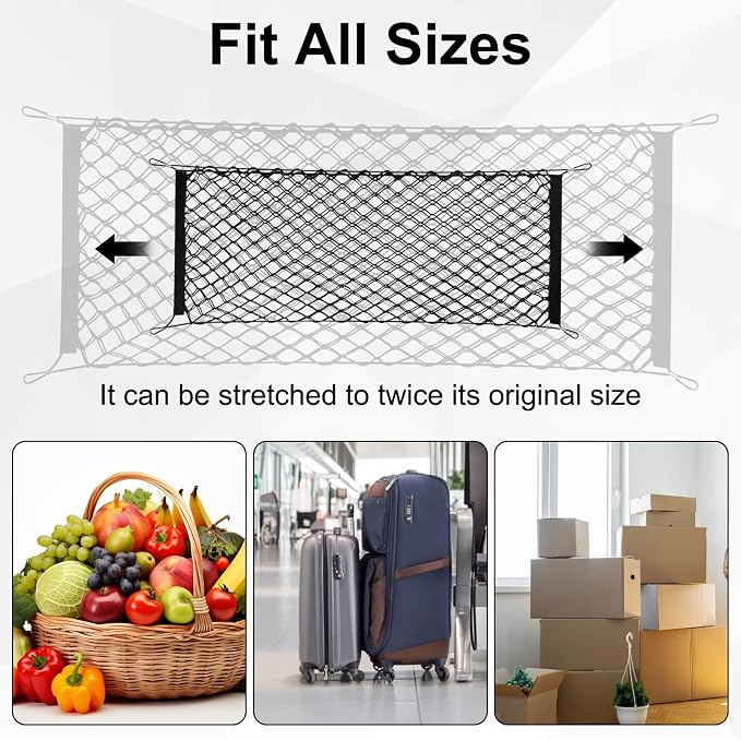 Cargo Net, Premium Dual-Layer Nylon Cargo Net for SUV, Automotive Exterior Accessories, Adjustable Elastic Trunk Net with Hook, Car Accessories for SUV, Truck, Pickup (35.4x15.7 Inch)