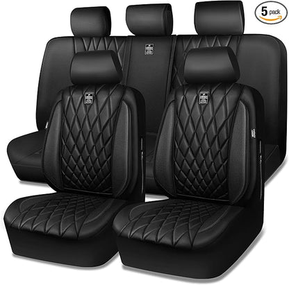 CAR PASS 5 Seats Piping Luxury Faux Leather Seat Covers Full Set, Anti-Slip Waterproof Seat Covers Compatible with Front Armrests, Universal Fit for Suvs,Vans,Trucks,Airbag Compatible, Pure Black