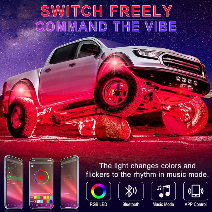LivTee RGB LED Rock Lights Kit, 4 Pods Waterproof Underglow Neon Lights with Bluetooth App Control - Multi-Color & Music Sync Wheel Light for Trucks SUV UTV ATV RZR Golf Cart