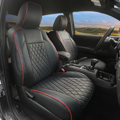 Lolcar Custom Fit Tacoma Car Seat Covers for Select Toyota Tacoma 2016 2017 2018 2019 2020 2021 2022 2023 Double Cab/Crew Cab -Full Set,Leather (Red Grid)